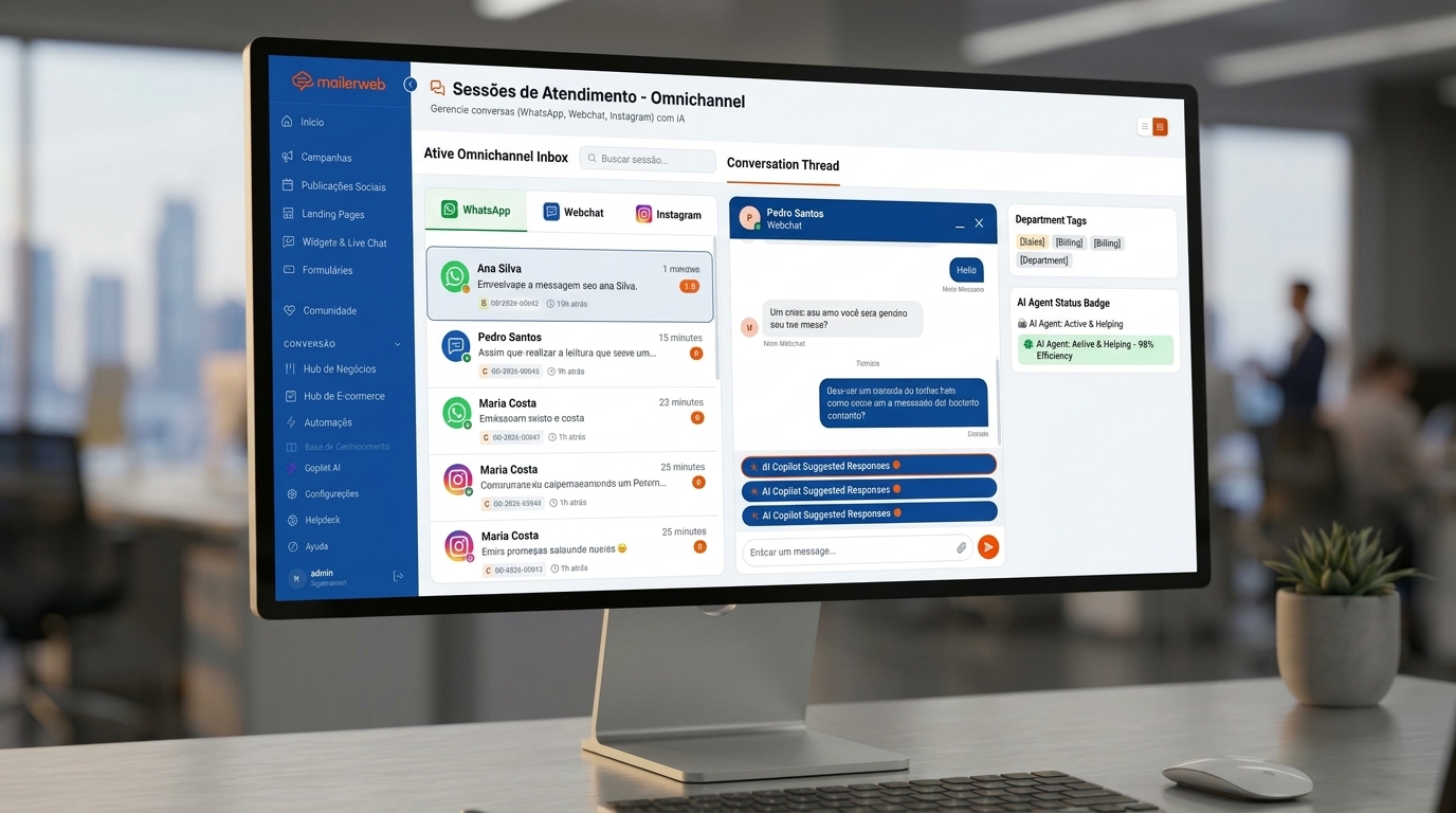 Chat de Atendimento Multicanal com IA do MailerWeb em Tela de Computador Profissional